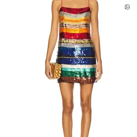 NWOT: Alice & Olivia Bridget Striped Sequins Rainbow Mini Dress - Picture 2 of 10